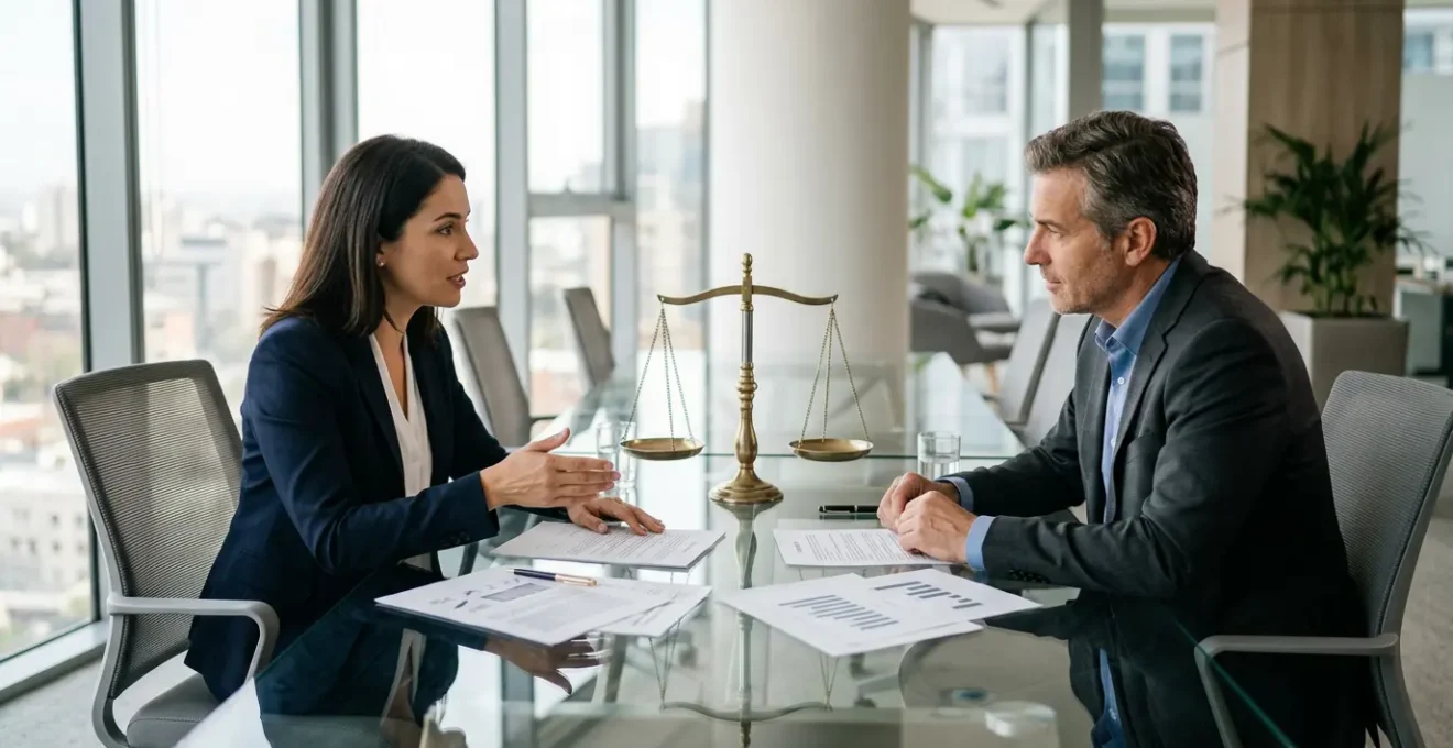 Bureau moderne avec deux professionnels analysant des documents contractuels sur une table en verre