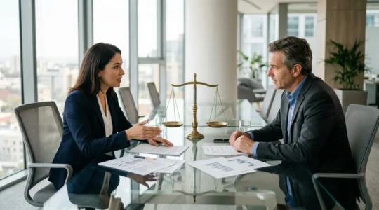 Bureau moderne avec deux professionnels analysant des documents contractuels sur une table en verre