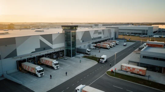Vue aérienne d'un entrepôt logistique moderne avec des camions de livraison et un système automatisé de gestion des stocks