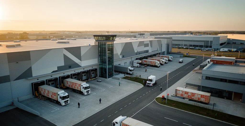 Vue aérienne d'un entrepôt logistique moderne avec des camions de livraison et un système automatisé de gestion des stocks