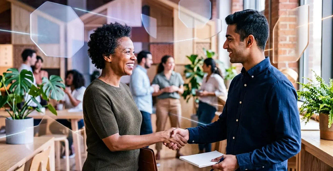 Interface moderne de plateforme collaborative avec utilisateurs confiants échangeant des services