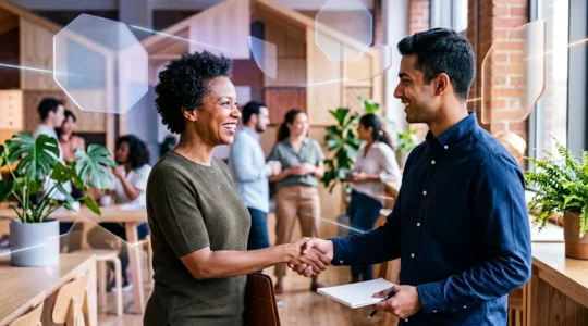 Interface moderne de plateforme collaborative avec utilisateurs confiants échangeant des services