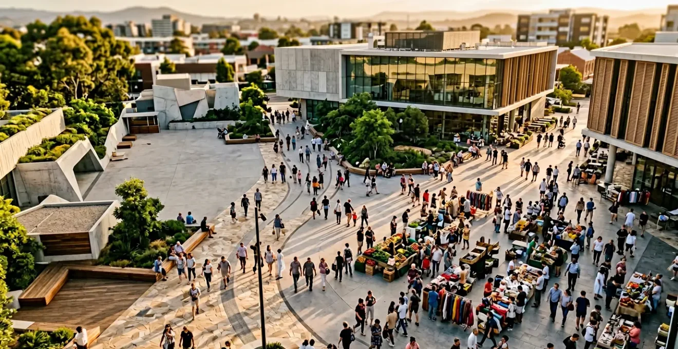 Vue aérienne d'une place de marché moderne avec des flux de personnes créant des motifs symétriques naturels