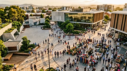 Vue aérienne d'une place de marché moderne avec des flux de personnes créant des motifs symétriques naturels
