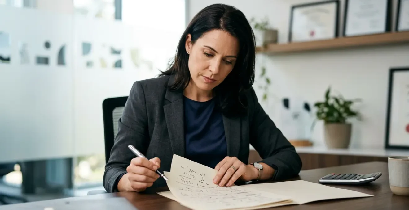 Un entrepreneur examine attentivement des documents administratifs sur un bureau moderne avec calculatrice et attestation en arrière-plan