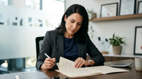 Un entrepreneur examine attentivement des documents administratifs sur un bureau moderne avec calculatrice et attestation en arrière-plan