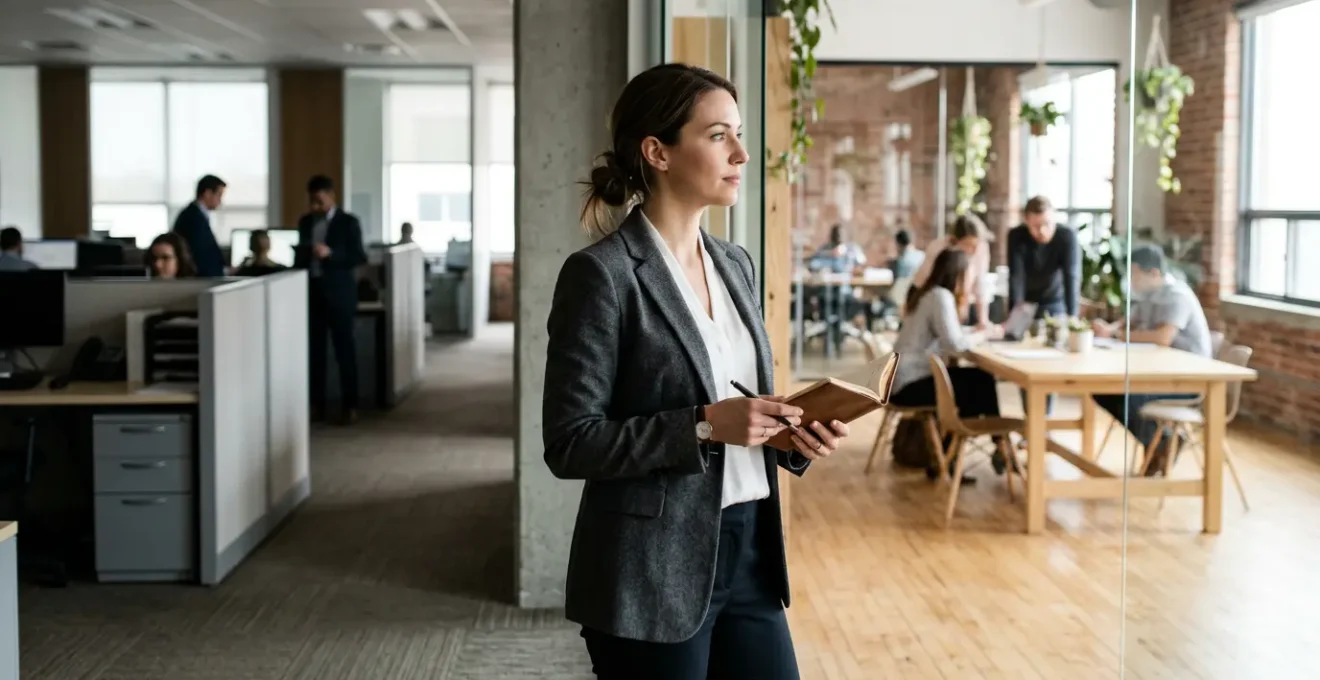Professionnel en pleine réflexion sur sa transition vers l'entrepreneuriat, dans un espace de travail moderne