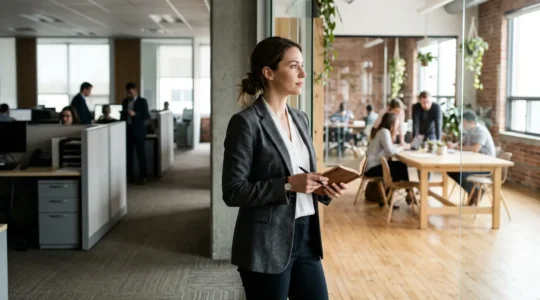 Professionnel en pleine réflexion sur sa transition vers l'entrepreneuriat, dans un espace de travail moderne