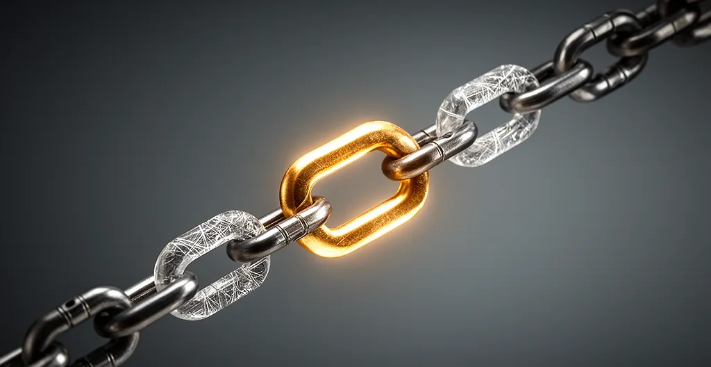 Représentation symbolique de la protection de la chaîne d'approvisionnement avec des maillons interconnectés et un bouclier de sécurité