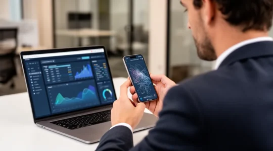 Entrepreneur analysant des métriques de SEO mobile sur différents appareils dans un bureau moderne
