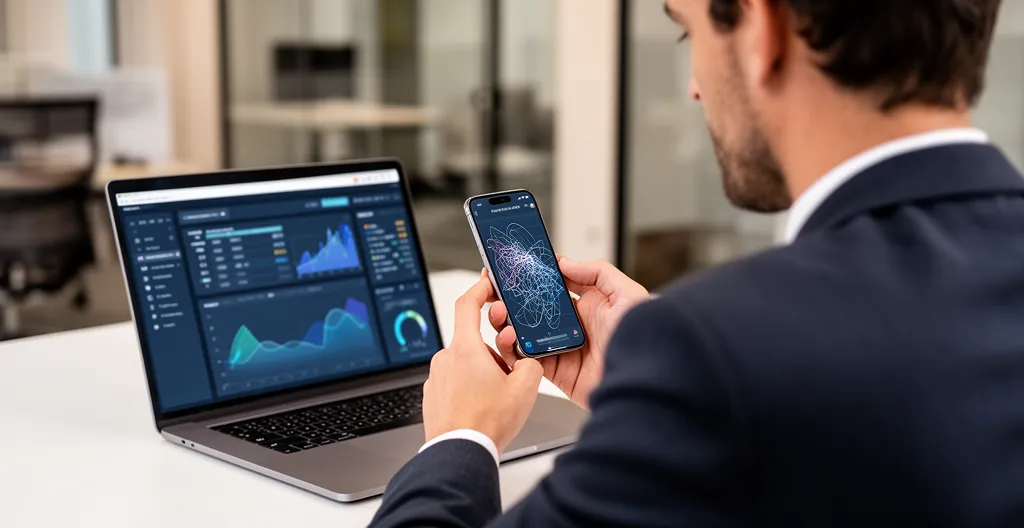 Entrepreneur analysant des métriques de SEO mobile sur différents appareils dans un bureau moderne