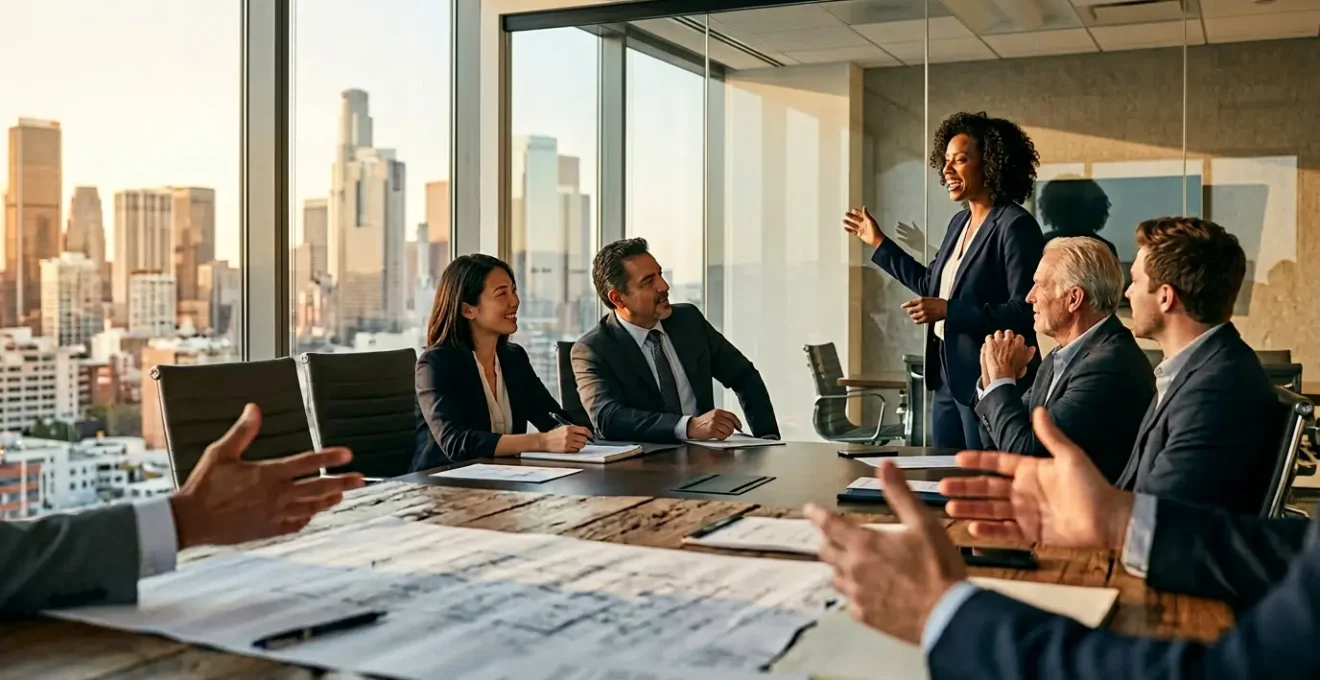 Dirigeants d'entreprise en réunion stratégique autour d'une table moderne avec vue panoramique sur la ville