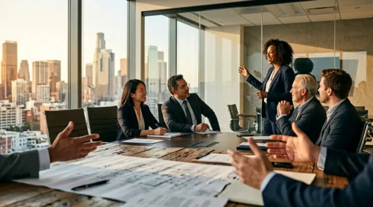 Dirigeants d'entreprise en réunion stratégique autour d'une table moderne avec vue panoramique sur la ville