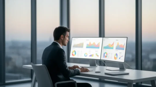 Scène professionnelle montrant un chef d'entreprise analysant des tableaux financiers dans un bureau moderne