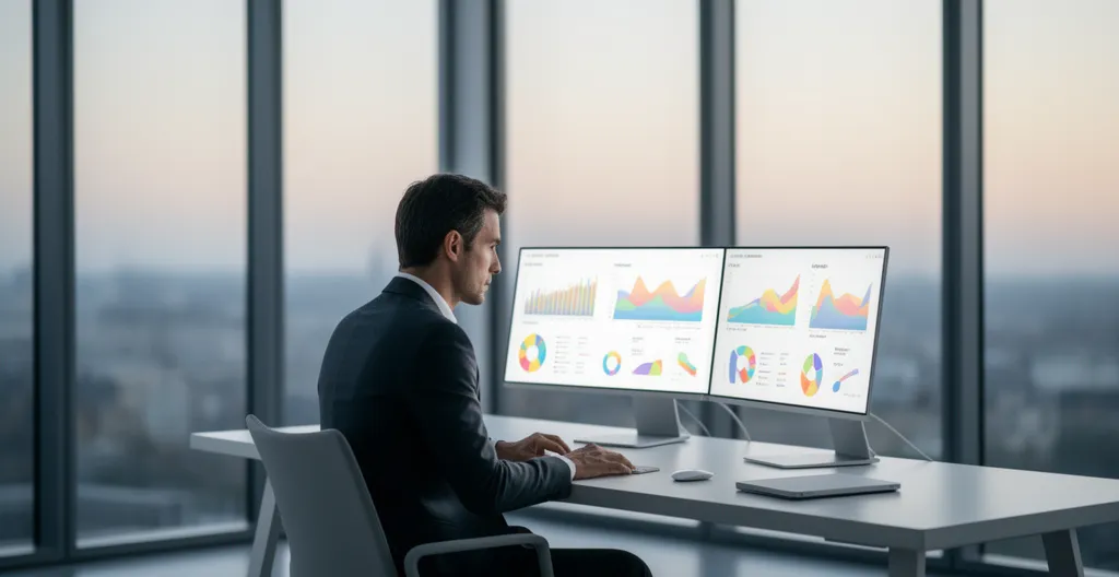 Scène professionnelle montrant un chef d'entreprise analysant des tableaux financiers dans un bureau moderne