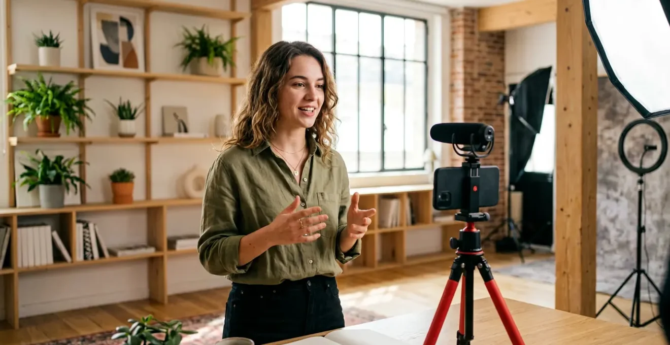 Créateur de contenu filmant une vidéo dans un studio moderne avec éclairage professionnel