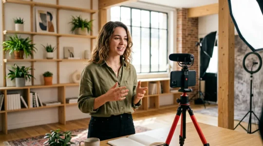 Créateur de contenu filmant une vidéo dans un studio moderne avec éclairage professionnel
