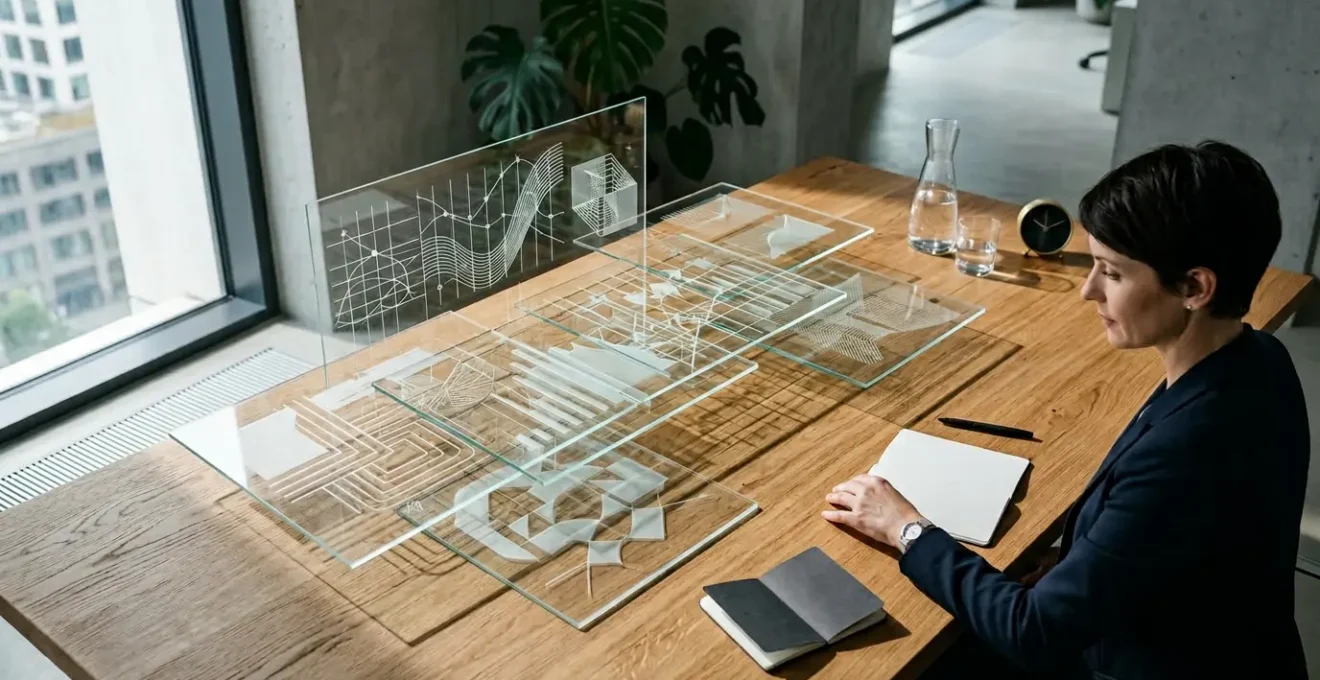 Vue stratégique d'un espace de décision avec données visuelles et graphiques de performance