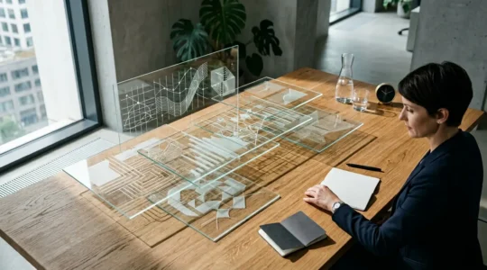 Vue stratégique d'un espace de décision avec données visuelles et graphiques de performance