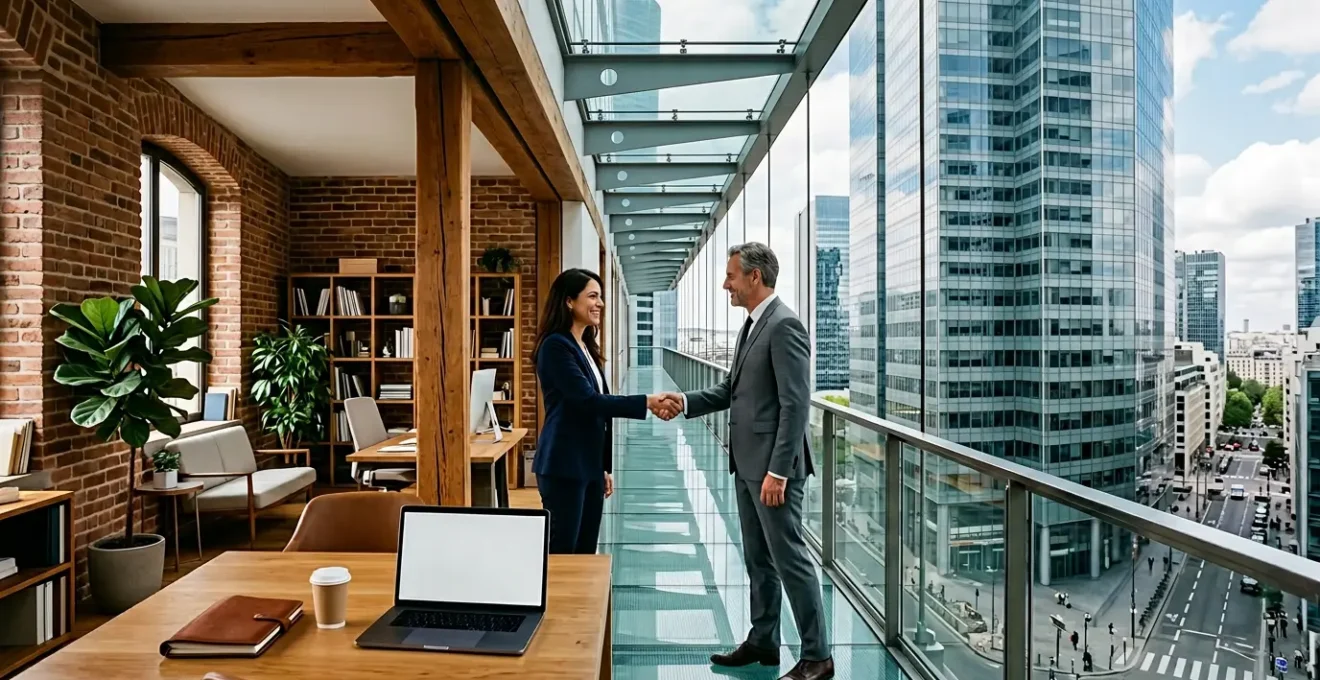 Rencontre entre dirigeant de TPE et cadre de grand groupe dans un environnement professionnel moderne