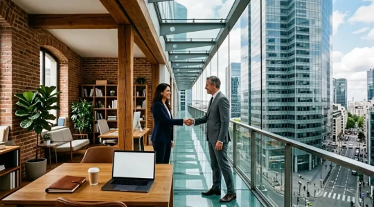 Rencontre entre dirigeant de TPE et cadre de grand groupe dans un environnement professionnel moderne