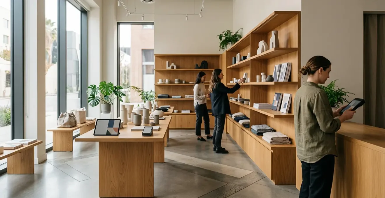 Vue intérieure d'une boutique moderne avec des éléments digitaux intégrés harmonieusement dans l'espace physique