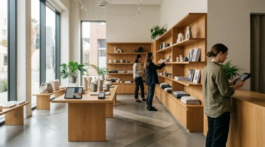 Vue intérieure d'une boutique moderne avec des éléments digitaux intégrés harmonieusement dans l'espace physique