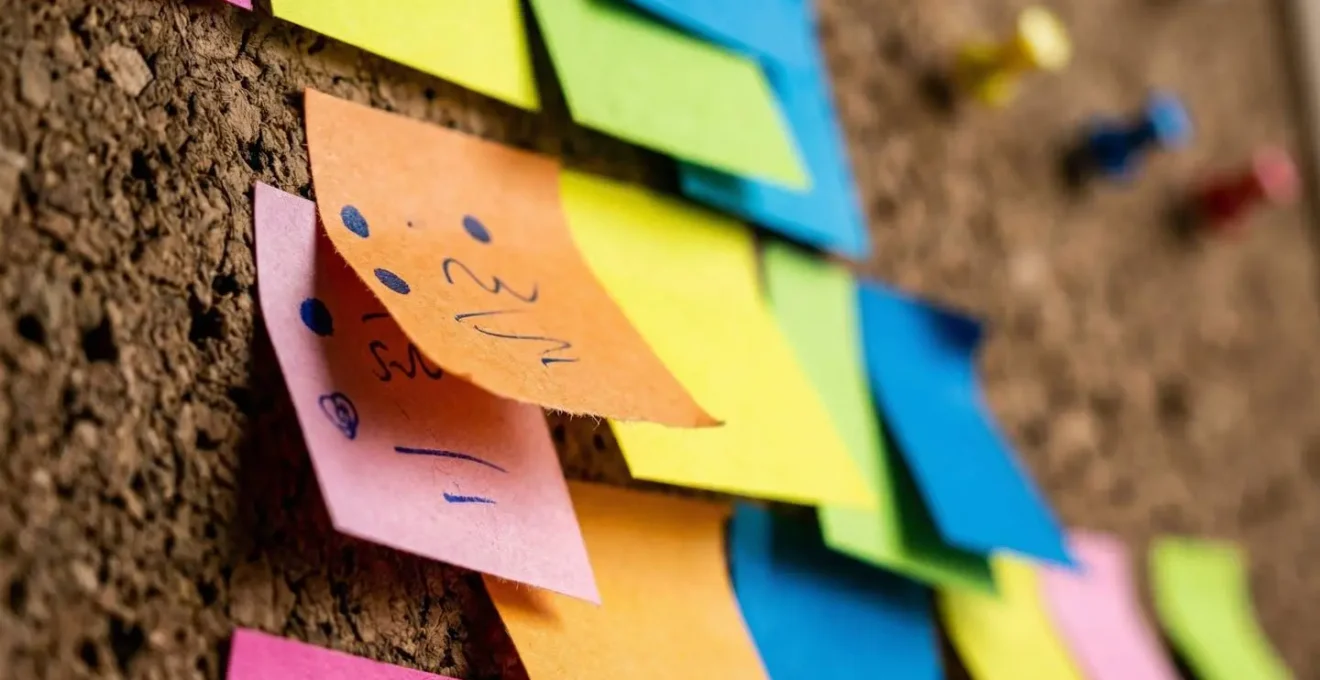 Vue macro de post-it colorés organisés en catégories sur un mur représentant l'analyse des plaintes clients