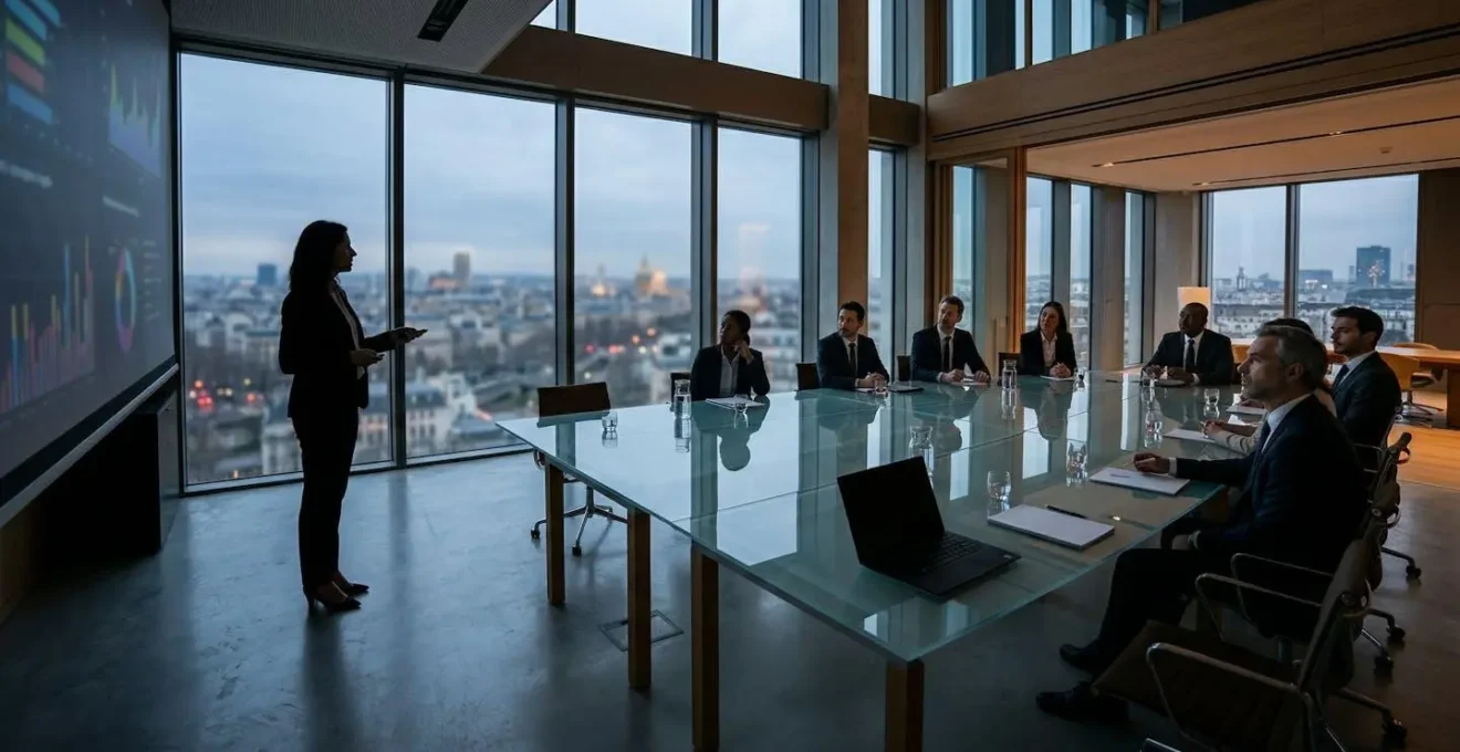 Vue large d'une salle de réunion moderne avec présentation financière en cours