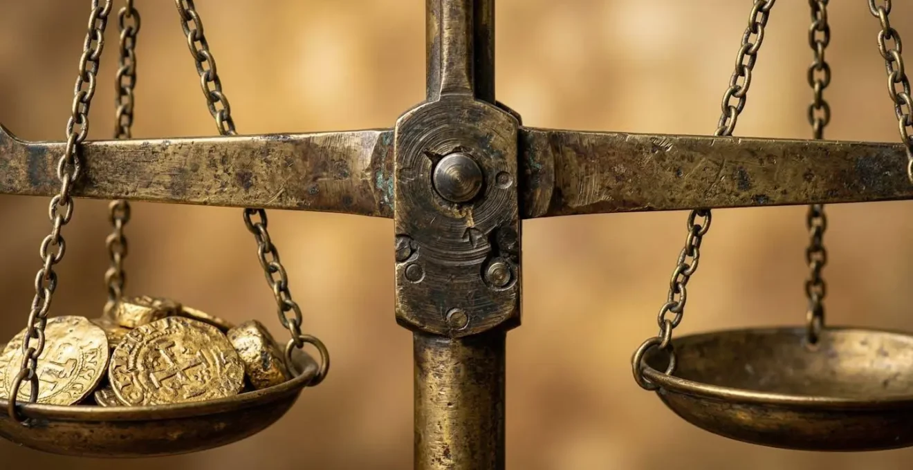 Balance ancienne en équilibre symbolisant le rapport entre volume et rentabilité