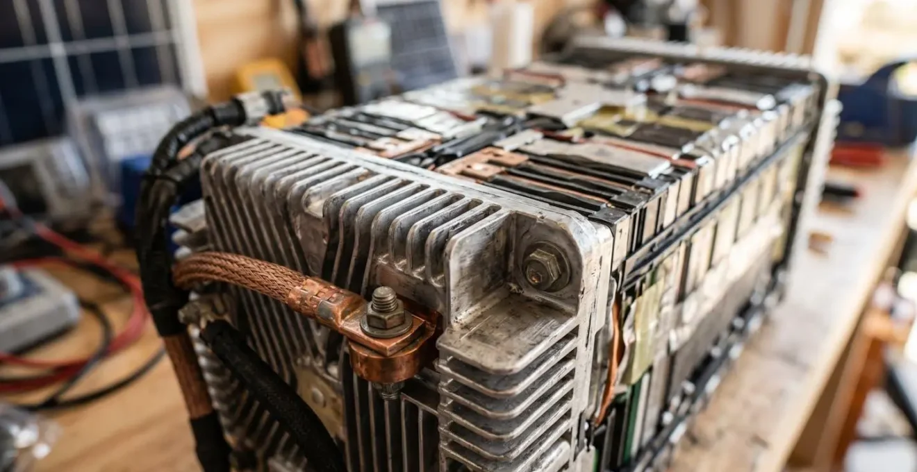 Gros plan sur une batterie de voiture électrique reconvertie en système de stockage solaire domestique