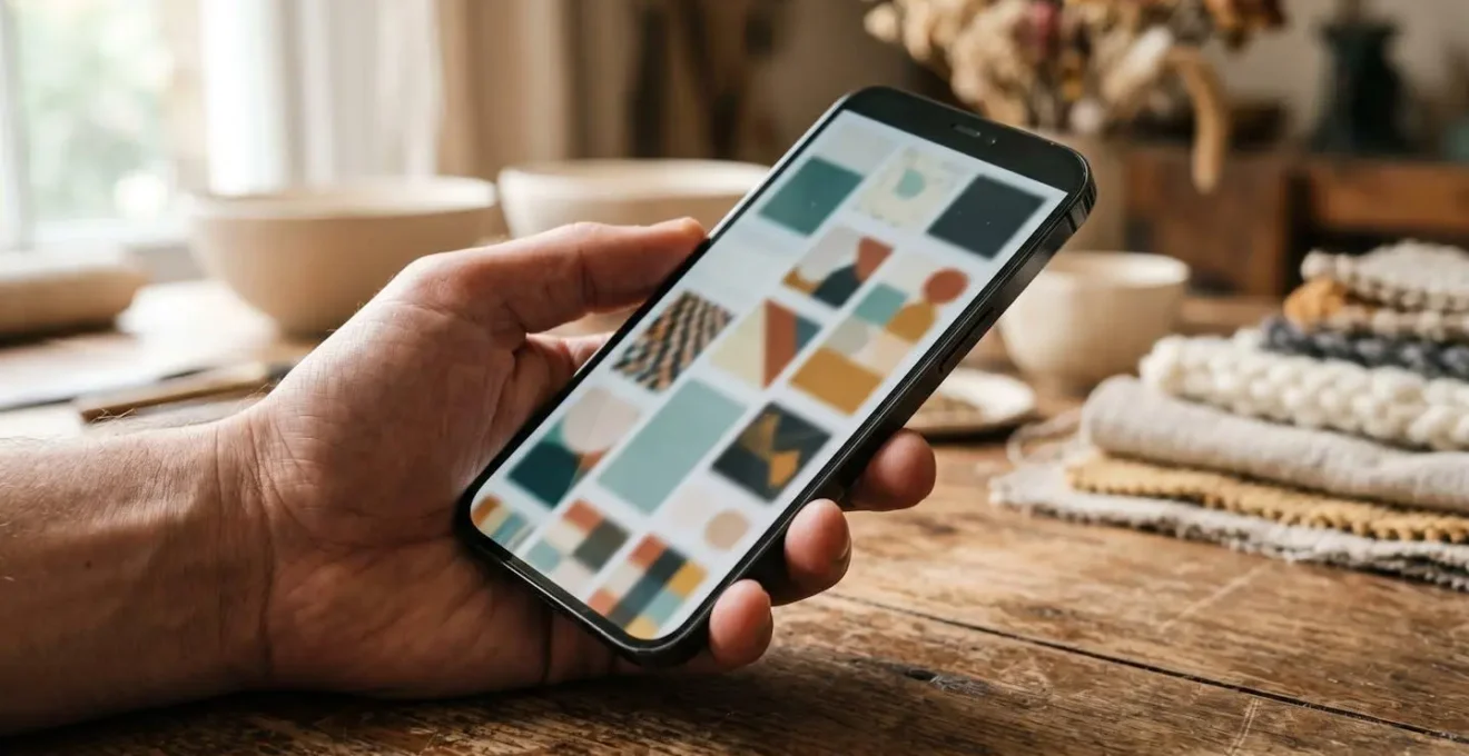 Main tenant un smartphone montrant une boutique Instagram avec produits artisanaux