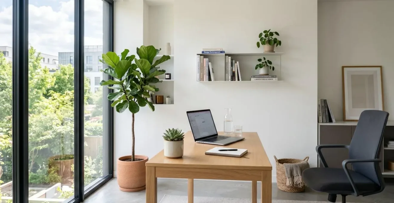 Vue d'ensemble d'un espace de travail contemporain avec bureau épuré, ordinateur portable, plantes vertes et grande fenêtre diffusant une lumière naturelle douce