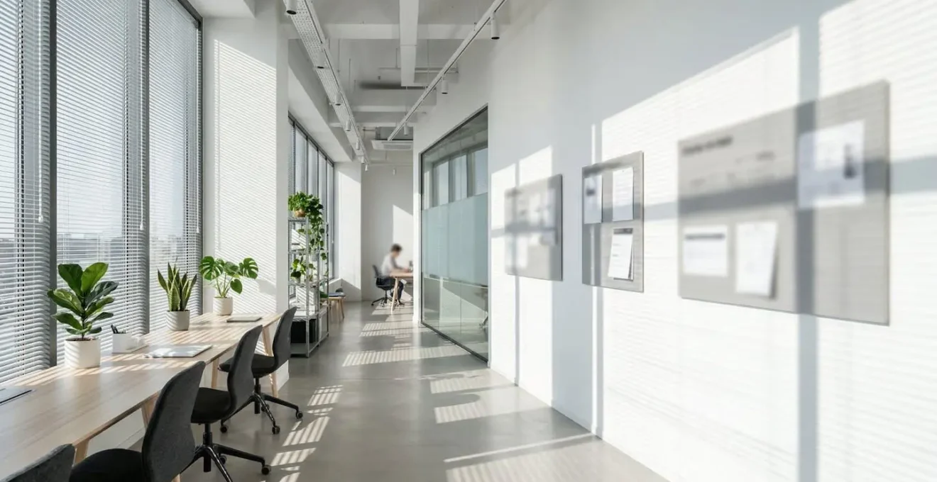 Espace de travail moderne avec panneaux d'information et zones d'affichage réglementaire