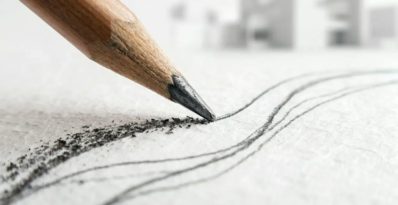 Vue macro d'un crayon dessinant des lignes créatives sur du papier blanc