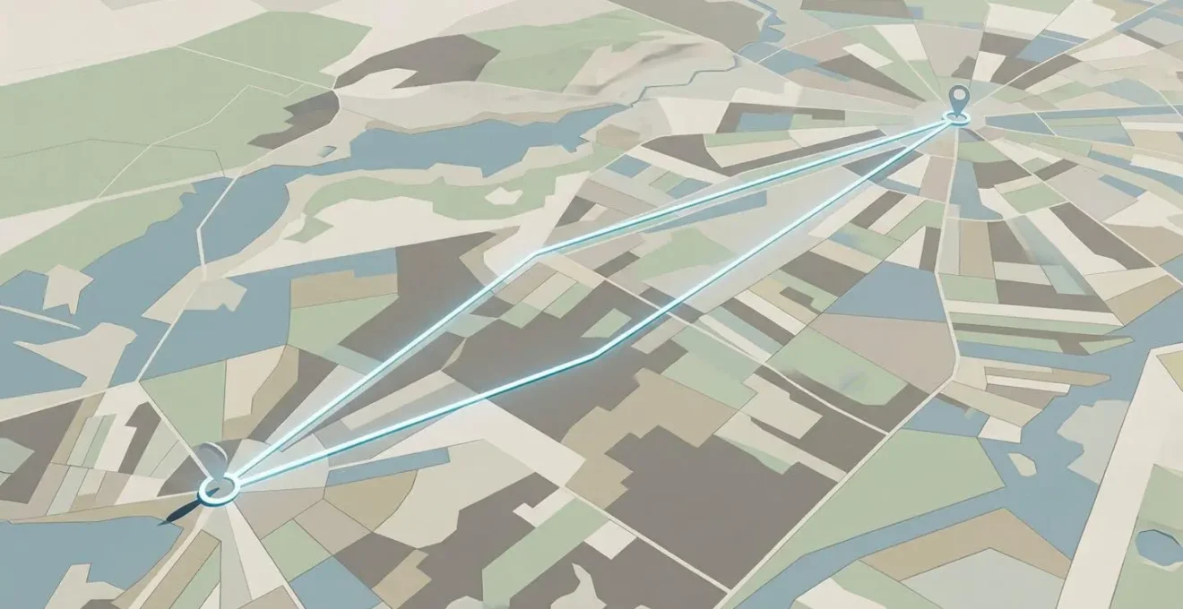Vue aérienne minimaliste d'une carte abstraite avec des lignes de connexion entre deux points