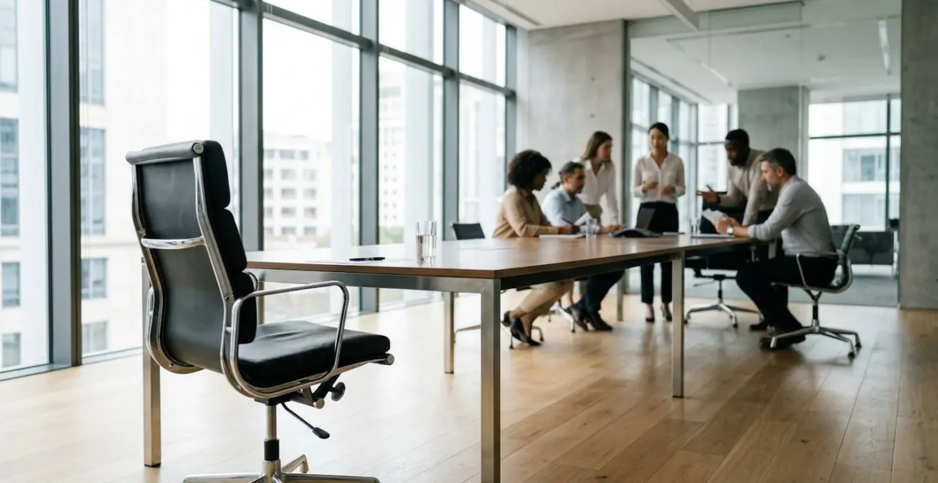 Vue large d'une salle de réunion moderne vide avec une chaise de direction au premier plan et l'équipe en arrière-plan flou