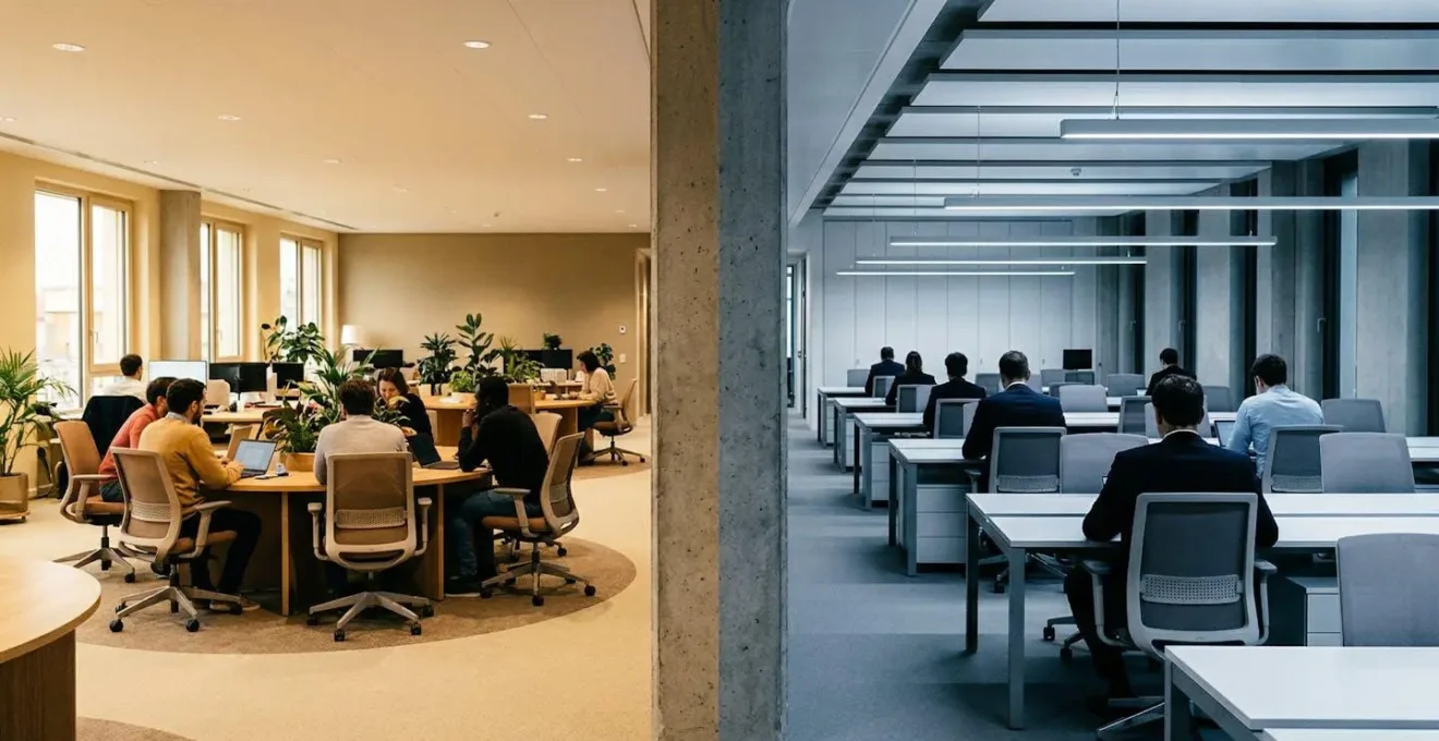 Contraste visuel entre deux styles de management représentés par des espaces de travail différents