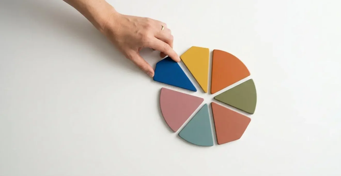 Vue aérienne de jetons colorés représentant la répartition équilibrée d'un portefeuille clients