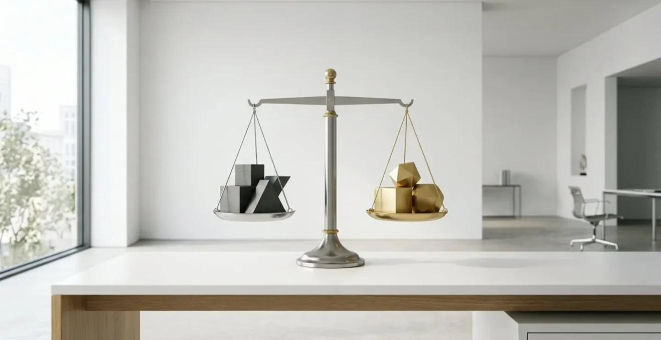 Balance symbolisant l'équilibre entre dette et rentabilité dans un environnement minimaliste
