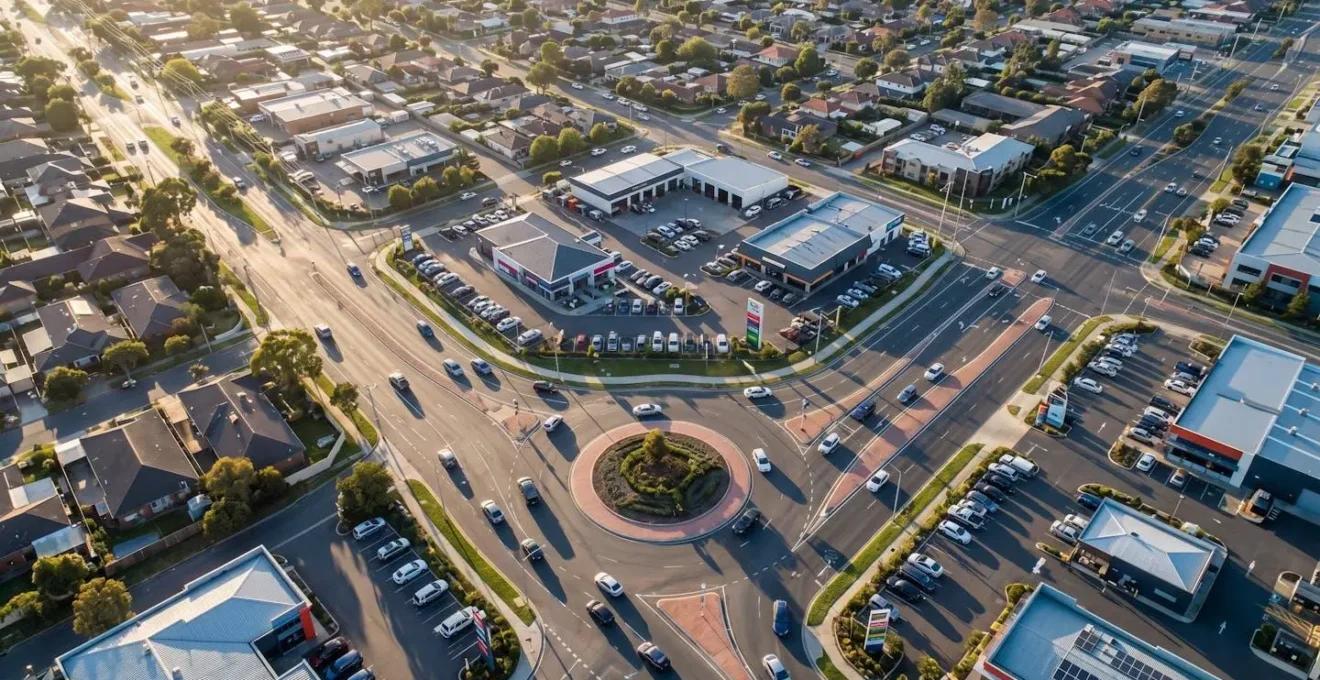 Vue aérienne d'un centre automobile situé sur un rond-point stratégique avec flux de circulation important
