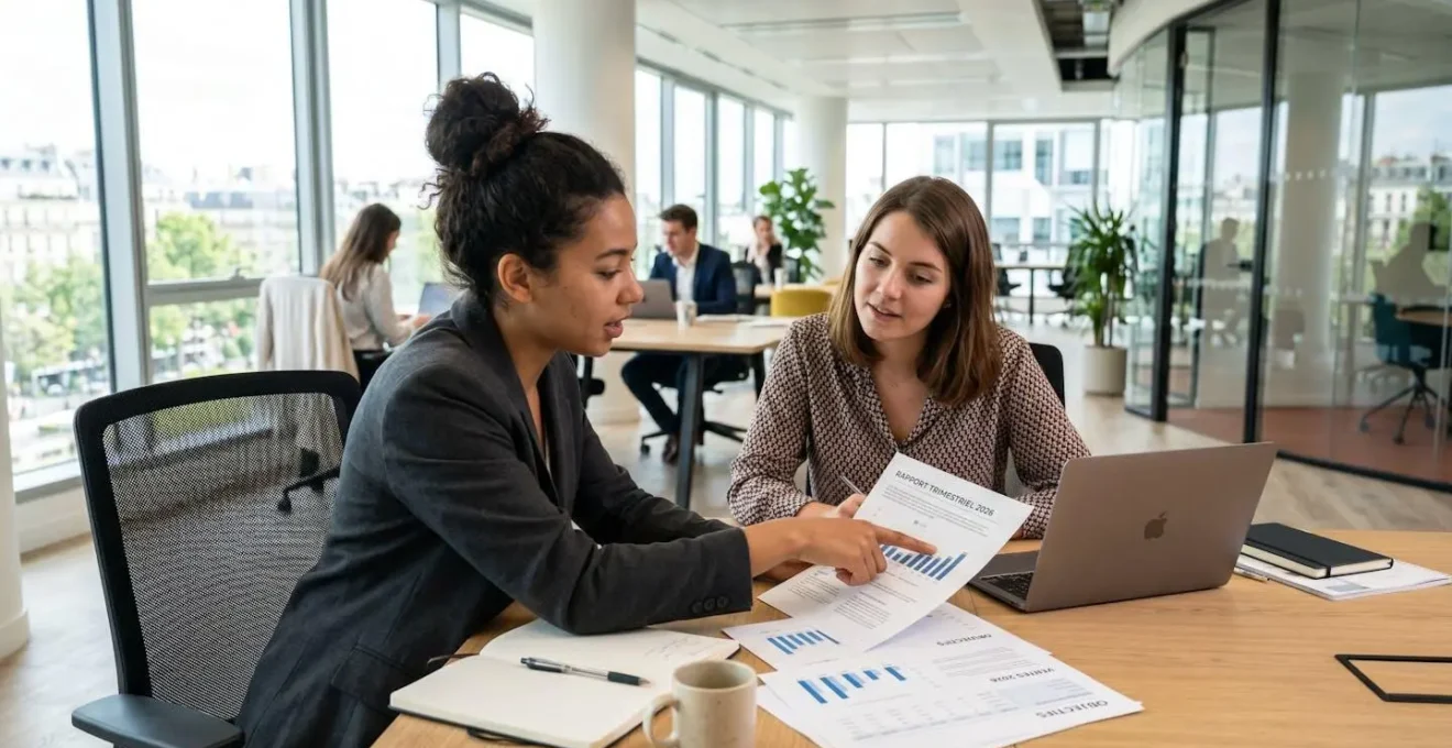 Deux personnes regardent ensemble des documents administratifs posés sur un bureau moderne, l'une pointant du doigt une ligne du texte