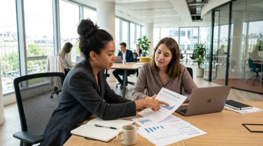 Deux personnes regardent ensemble des documents administratifs posés sur un bureau moderne, l'une pointant du doigt une ligne du texte