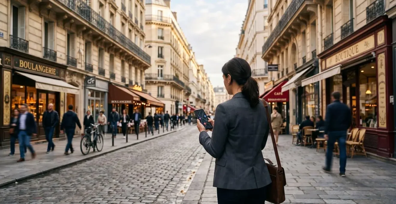 Personne utilisant son smartphone pour une recherche locale dans une rue commerçante française