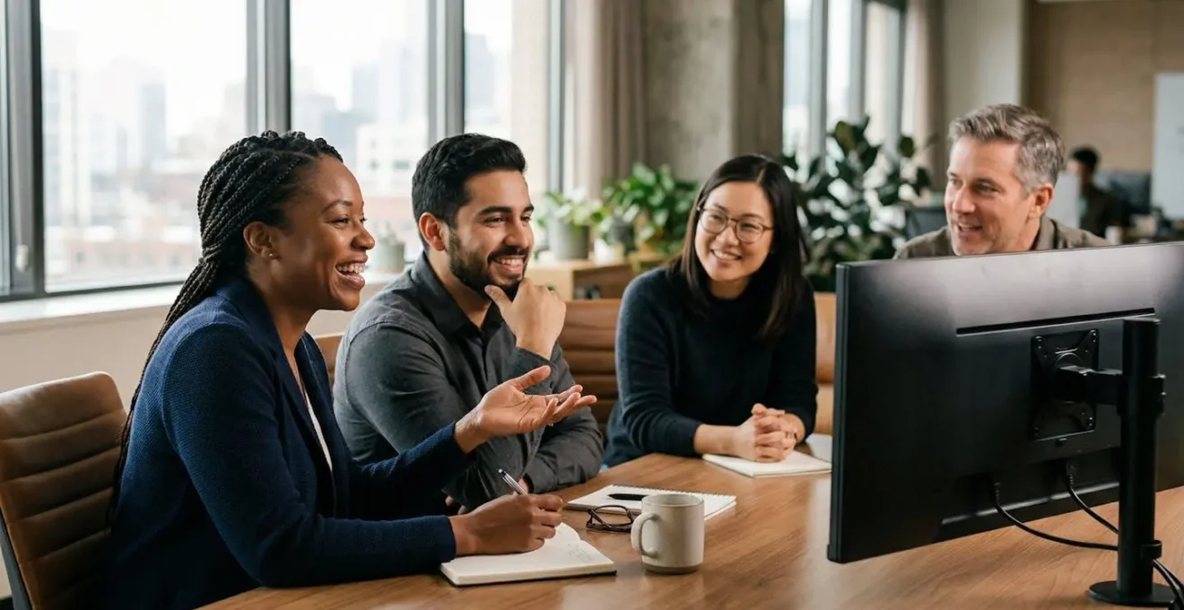 Équipe en réunion virtuelle collaborative avec des participants en présentiel et à distance