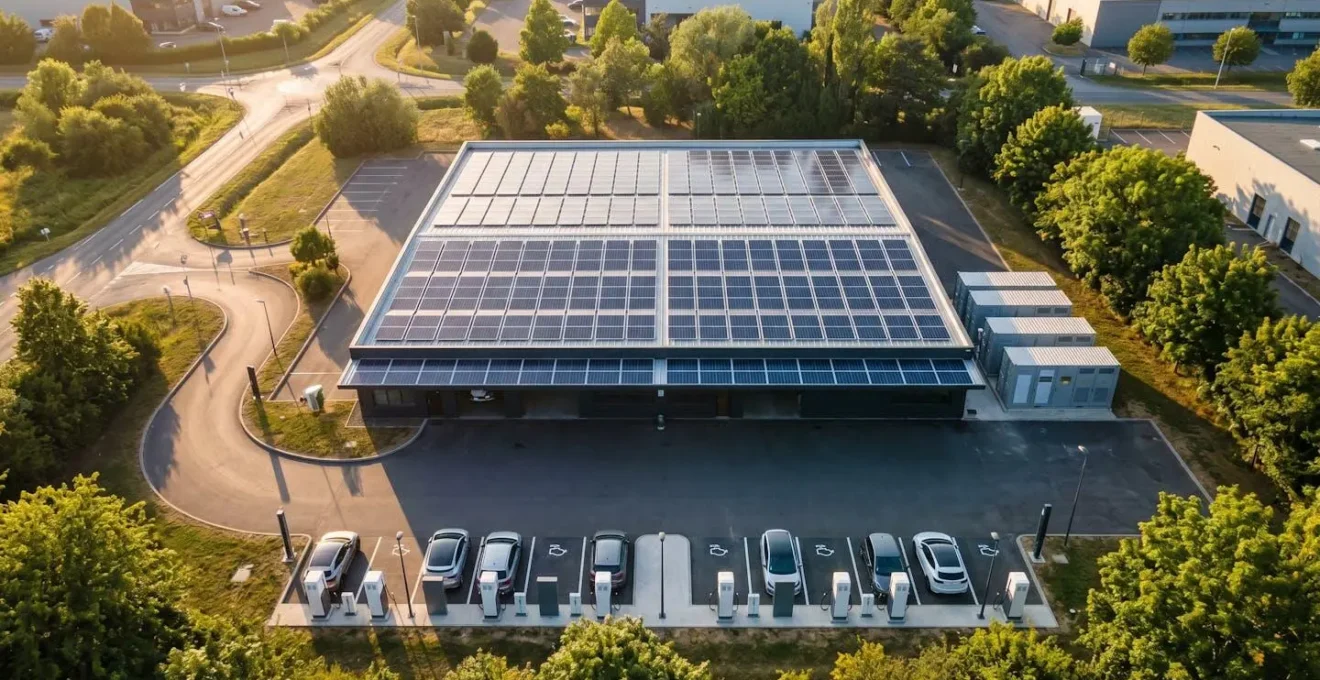 Vue aérienne d'un garage avec panneaux solaires sur le toit et bornes de recharge dans la cour