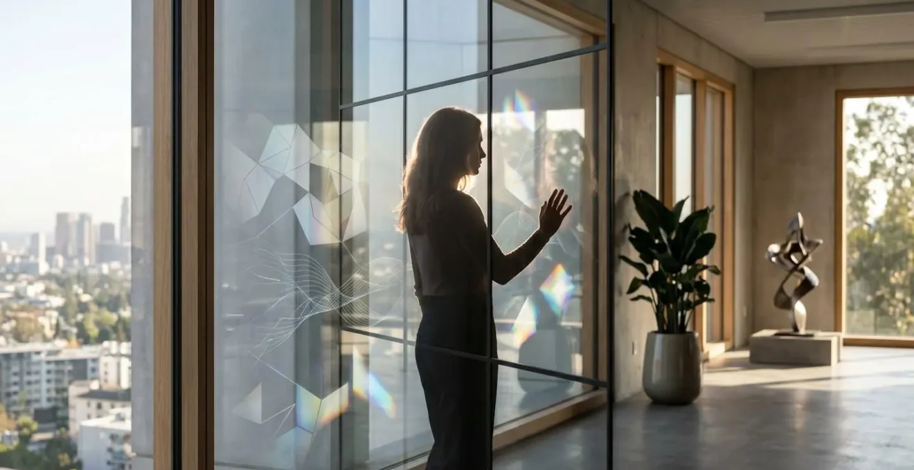 Silhouette humaine en contre-jour devant une fenêtre avec reflets géométriques abstraits, symbolisant l'équilibre entre l'IA et l'humain