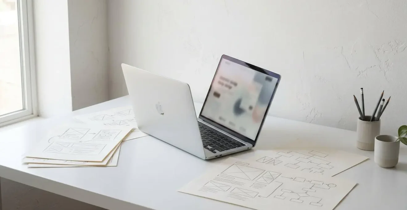 Vue d'ensemble d'une landing page minimaliste sur ordinateur portable montrant un design épuré avec bouton d'action
