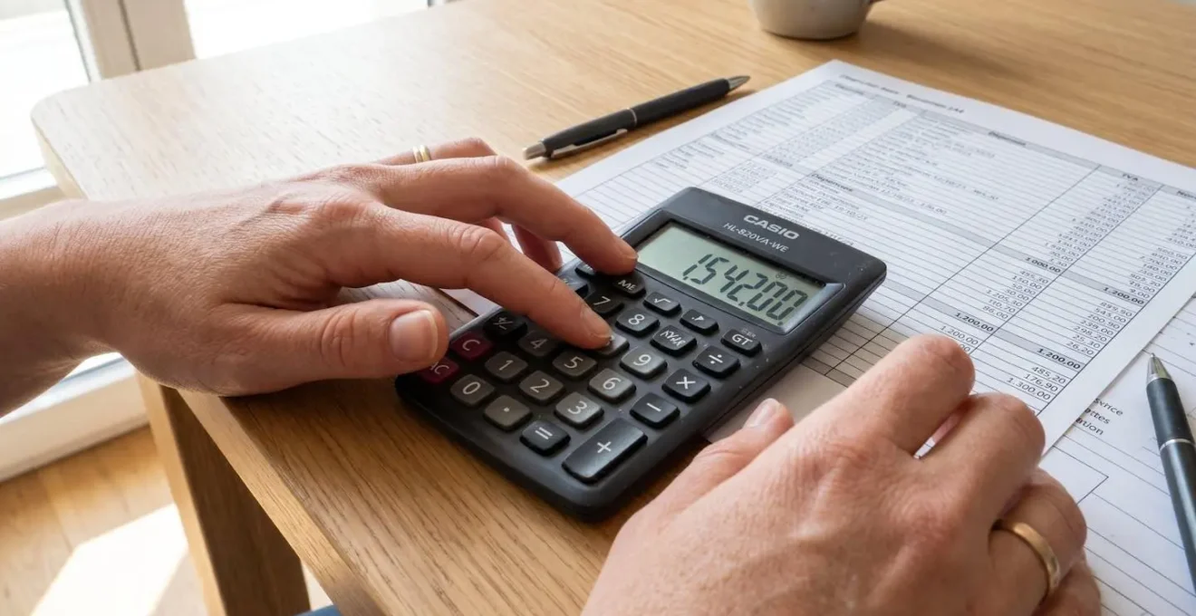 Gros plan sur des mains utilisant une calculatrice avec des feuilles de tableur financier floues en arrière-plan sur un bureau épuré