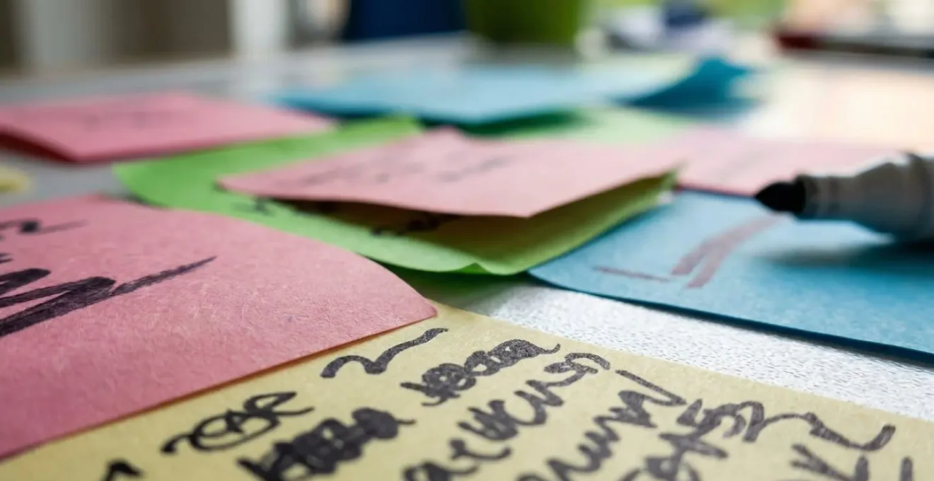 Vue macro détaillée d'un tableau d'analyse Lean avec des post-its colorés organisés en catégories